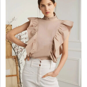 Dèluc Sarah top with statement ruffle sleeves in tan. Size L